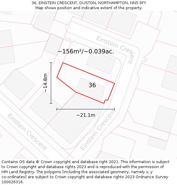 36, EINSTEIN CRESCENT, DUSTON, NORTHAMPTON, NN5 6FY: Plot and title map