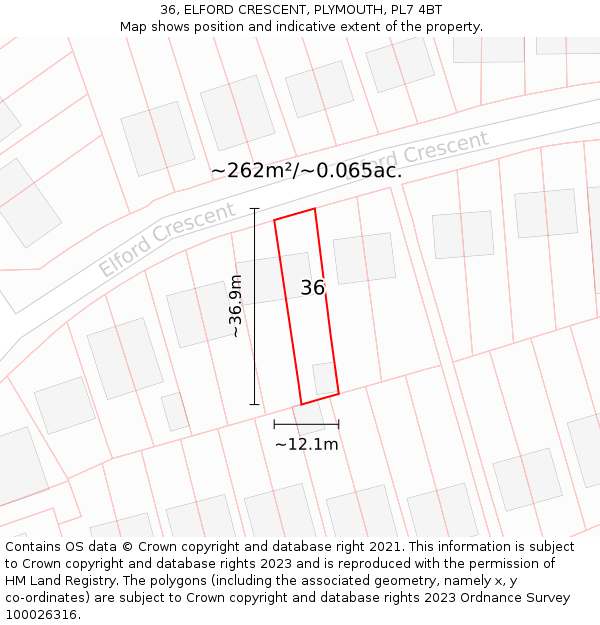 36, ELFORD CRESCENT, PLYMOUTH, PL7 4BT: Plot and title map