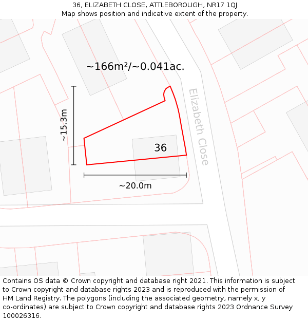 36, ELIZABETH CLOSE, ATTLEBOROUGH, NR17 1QJ: Plot and title map