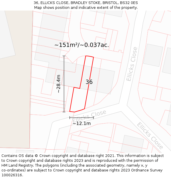 36, ELLICKS CLOSE, BRADLEY STOKE, BRISTOL, BS32 0ES: Plot and title map