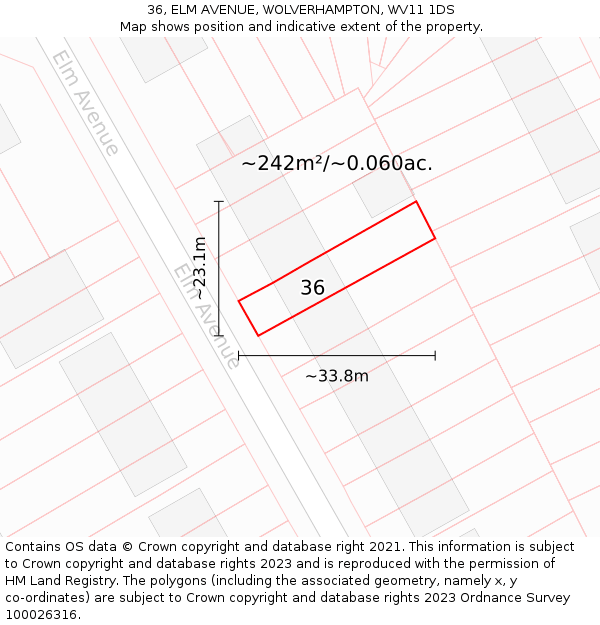 36, ELM AVENUE, WOLVERHAMPTON, WV11 1DS: Plot and title map