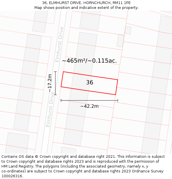 36, ELMHURST DRIVE, HORNCHURCH, RM11 1PE: Plot and title map