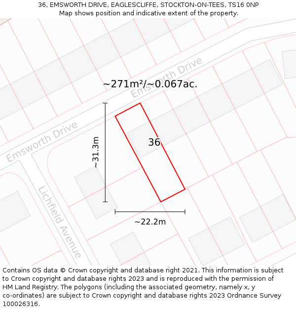 36, EMSWORTH DRIVE, EAGLESCLIFFE, STOCKTON-ON-TEES, TS16 0NP: Plot and title map
