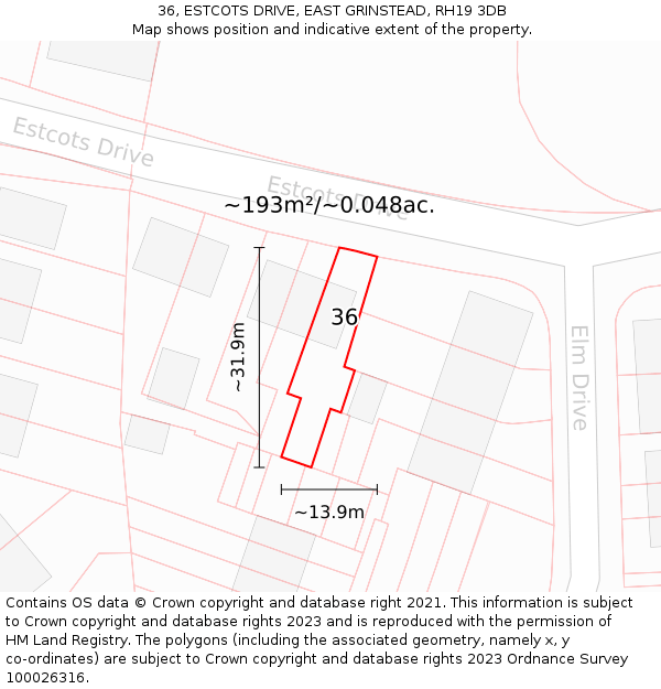 36, ESTCOTS DRIVE, EAST GRINSTEAD, RH19 3DB: Plot and title map