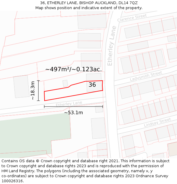 36, ETHERLEY LANE, BISHOP AUCKLAND, DL14 7QZ: Plot and title map