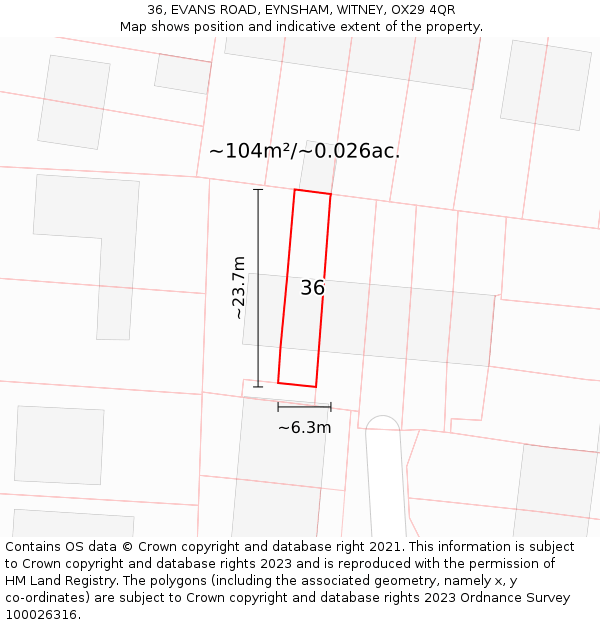 36, EVANS ROAD, EYNSHAM, WITNEY, OX29 4QR: Plot and title map