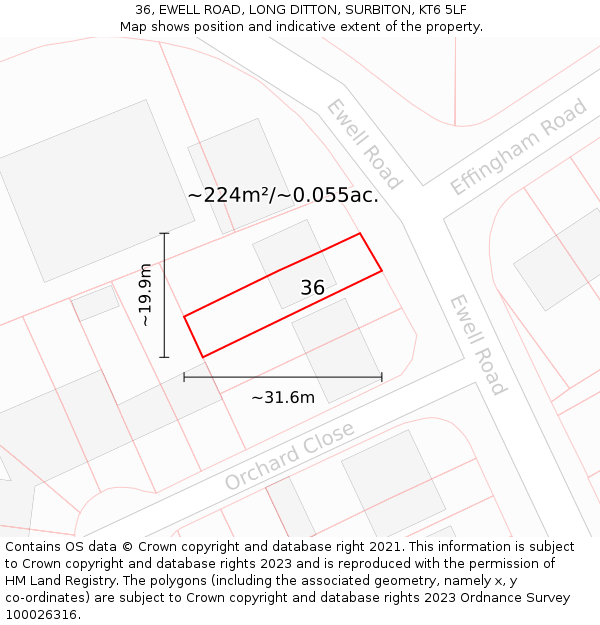 36, EWELL ROAD, LONG DITTON, SURBITON, KT6 5LF: Plot and title map