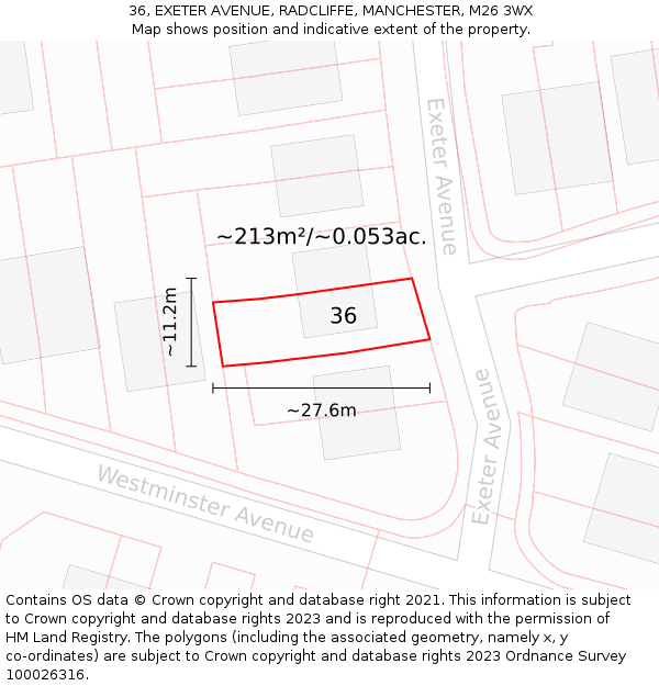 36, EXETER AVENUE, RADCLIFFE, MANCHESTER, M26 3WX: Plot and title map