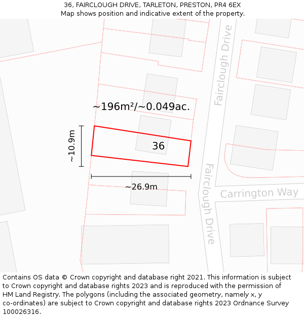 36, FAIRCLOUGH DRIVE, TARLETON, PRESTON, PR4 6EX: Plot and title map