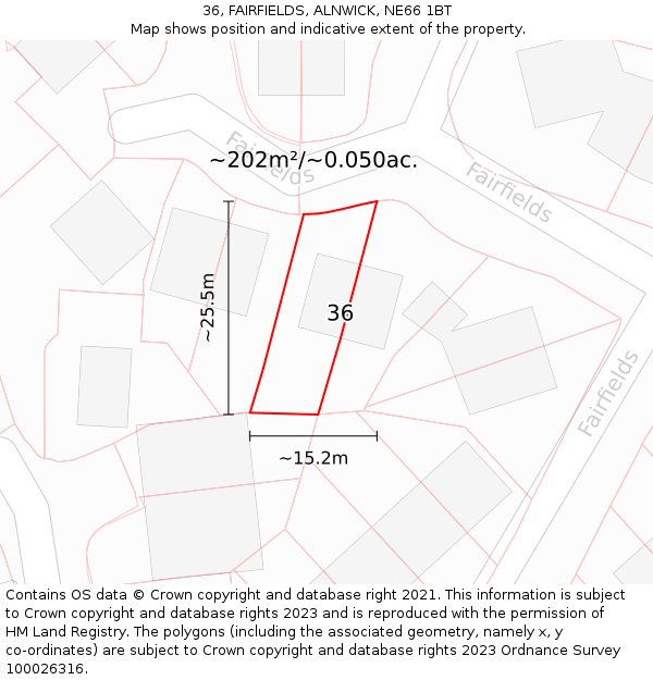 36, FAIRFIELDS, ALNWICK, NE66 1BT: Plot and title map
