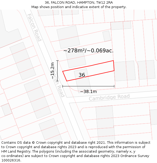 36, FALCON ROAD, HAMPTON, TW12 2RA: Plot and title map