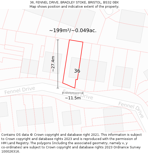36, FENNEL DRIVE, BRADLEY STOKE, BRISTOL, BS32 0BX: Plot and title map