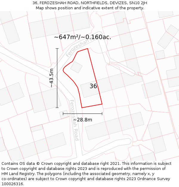 36, FEROZESHAH ROAD, NORTHFIELDS, DEVIZES, SN10 2JH: Plot and title map