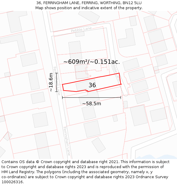 36, FERRINGHAM LANE, FERRING, WORTHING, BN12 5LU: Plot and title map