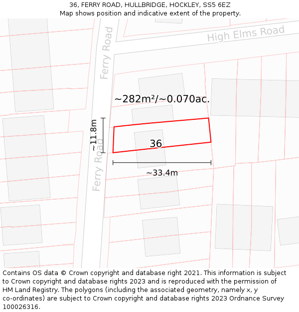 36, FERRY ROAD, HULLBRIDGE, HOCKLEY, SS5 6EZ: Plot and title map