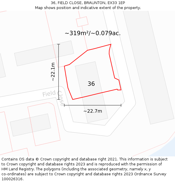 36, FIELD CLOSE, BRAUNTON, EX33 1EP: Plot and title map