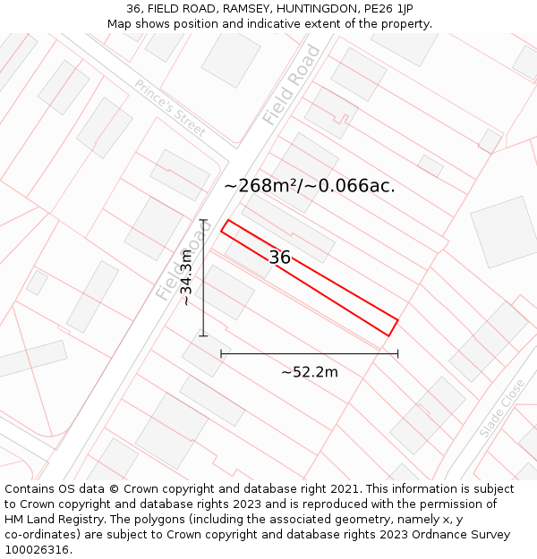 36, FIELD ROAD, RAMSEY, HUNTINGDON, PE26 1JP: Plot and title map