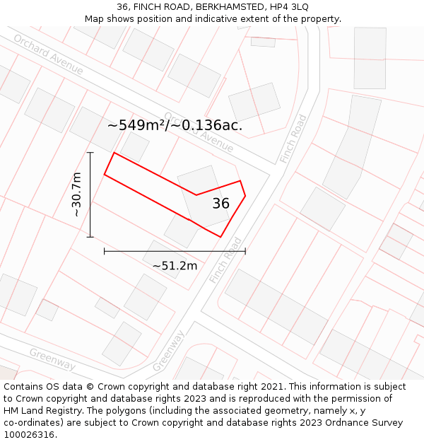36, FINCH ROAD, BERKHAMSTED, HP4 3LQ: Plot and title map