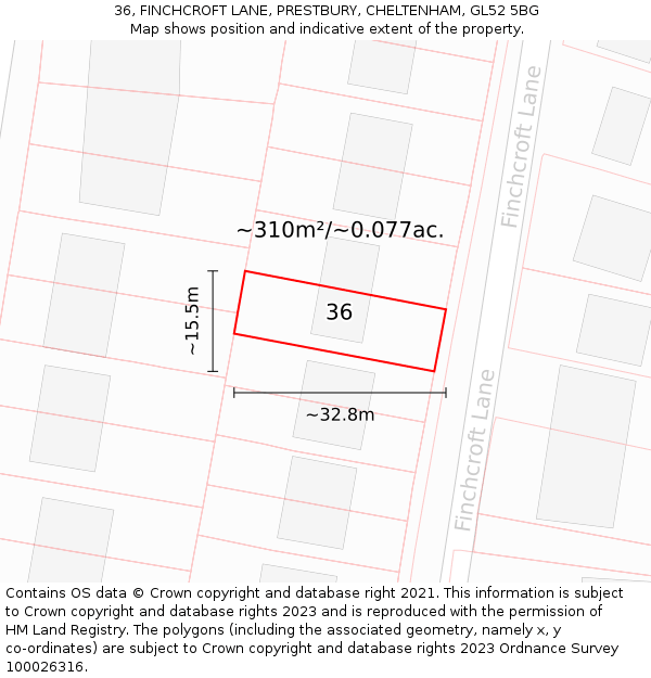 36, FINCHCROFT LANE, PRESTBURY, CHELTENHAM, GL52 5BG: Plot and title map