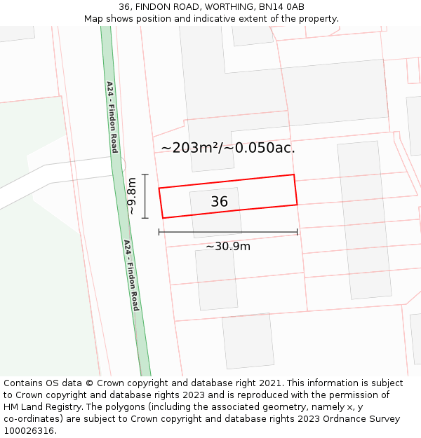 36, FINDON ROAD, WORTHING, BN14 0AB: Plot and title map