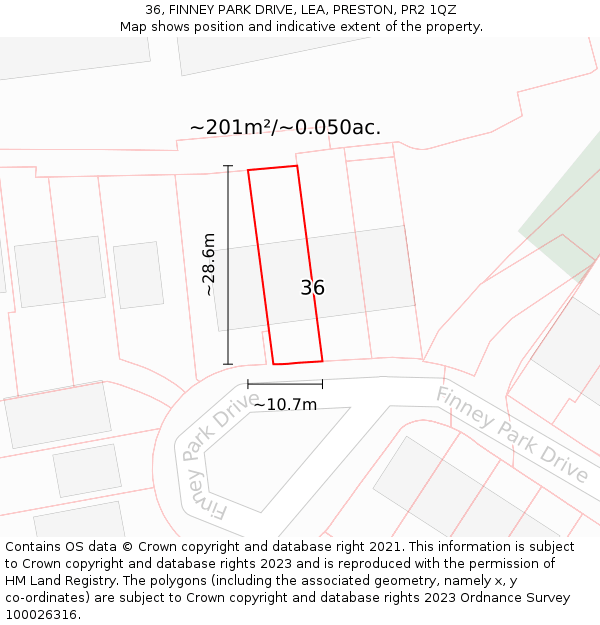 36, FINNEY PARK DRIVE, LEA, PRESTON, PR2 1QZ: Plot and title map