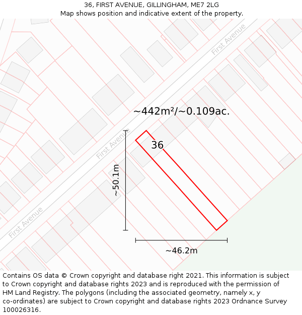 36, FIRST AVENUE, GILLINGHAM, ME7 2LG: Plot and title map
