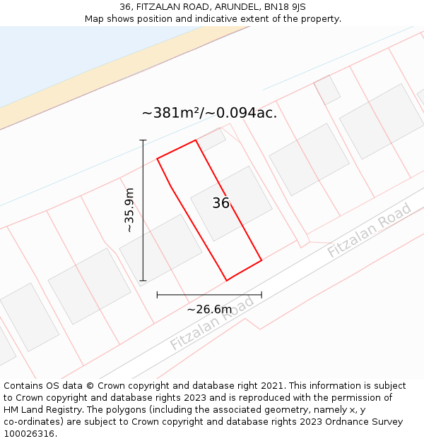 36, FITZALAN ROAD, ARUNDEL, BN18 9JS: Plot and title map