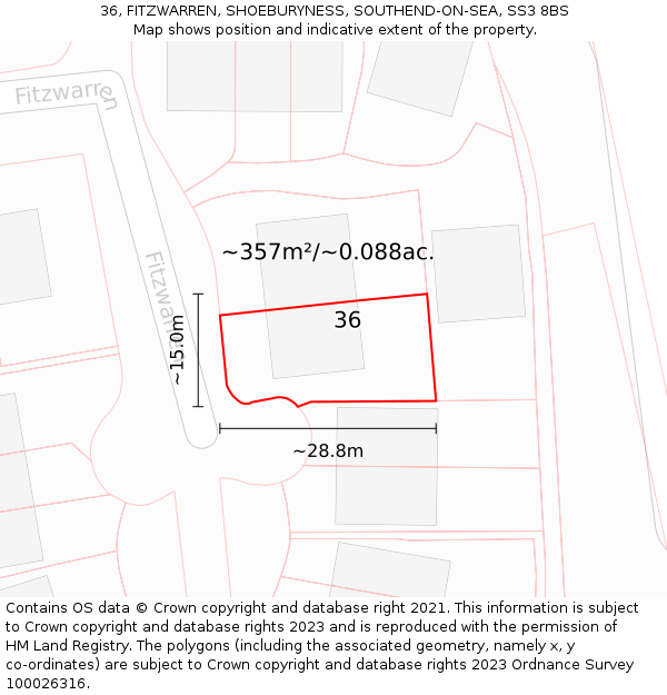 36, FITZWARREN, SHOEBURYNESS, SOUTHEND-ON-SEA, SS3 8BS: Plot and title map