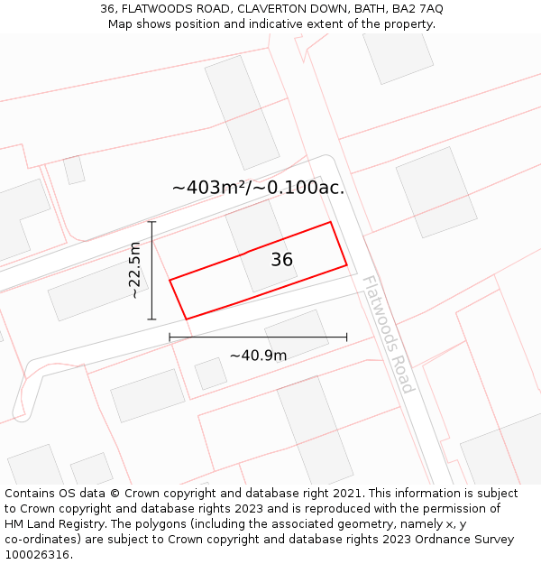 36, FLATWOODS ROAD, CLAVERTON DOWN, BATH, BA2 7AQ: Plot and title map