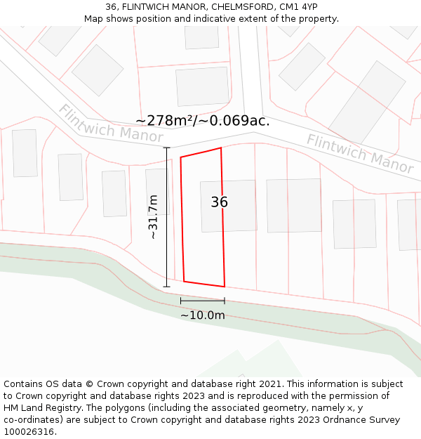 36, FLINTWICH MANOR, CHELMSFORD, CM1 4YP: Plot and title map