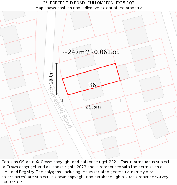 36, FORCEFIELD ROAD, CULLOMPTON, EX15 1QB: Plot and title map