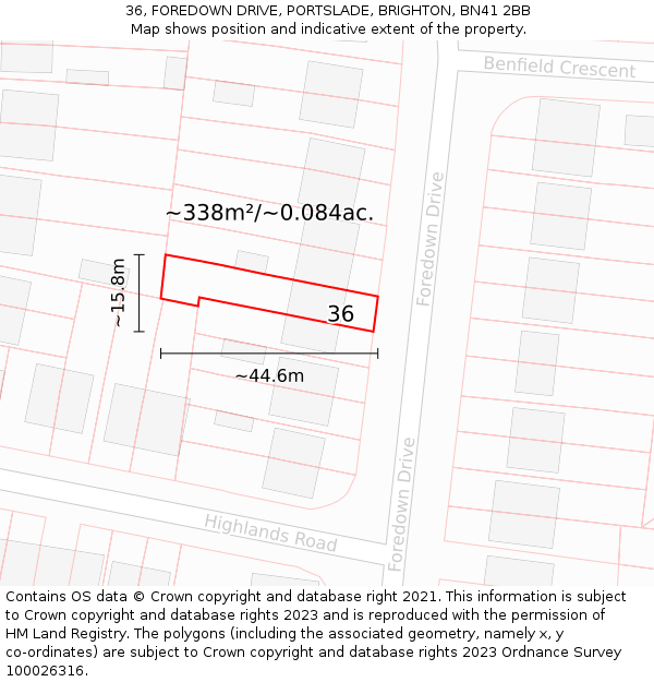 36, FOREDOWN DRIVE, PORTSLADE, BRIGHTON, BN41 2BB: Plot and title map