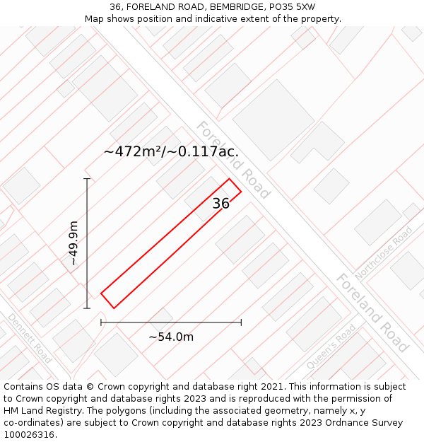 36, FORELAND ROAD, BEMBRIDGE, PO35 5XW: Plot and title map
