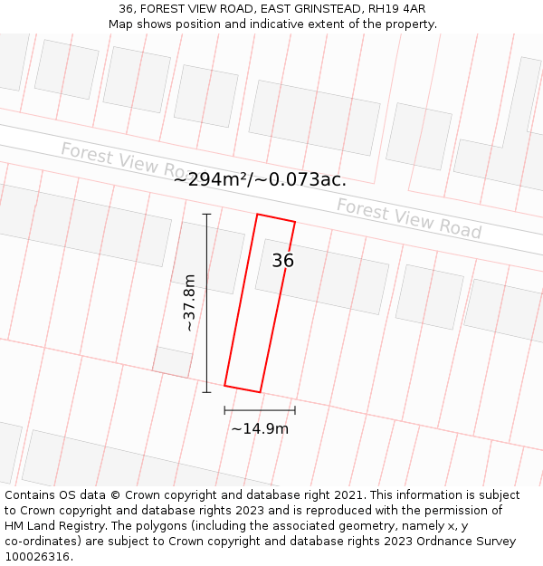36, FOREST VIEW ROAD, EAST GRINSTEAD, RH19 4AR: Plot and title map