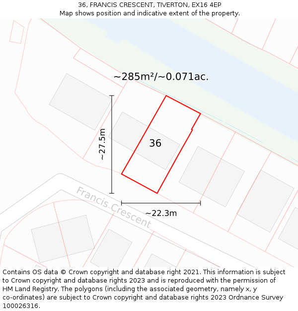 36, FRANCIS CRESCENT, TIVERTON, EX16 4EP: Plot and title map