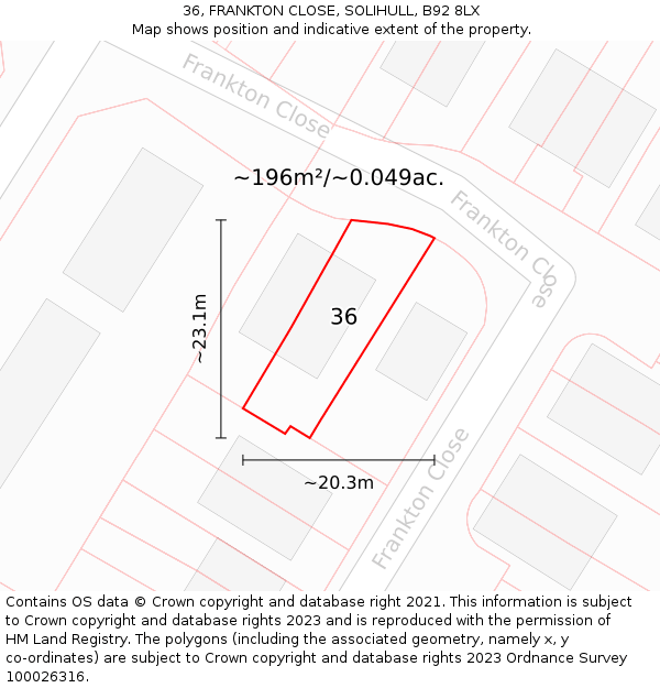36, FRANKTON CLOSE, SOLIHULL, B92 8LX: Plot and title map