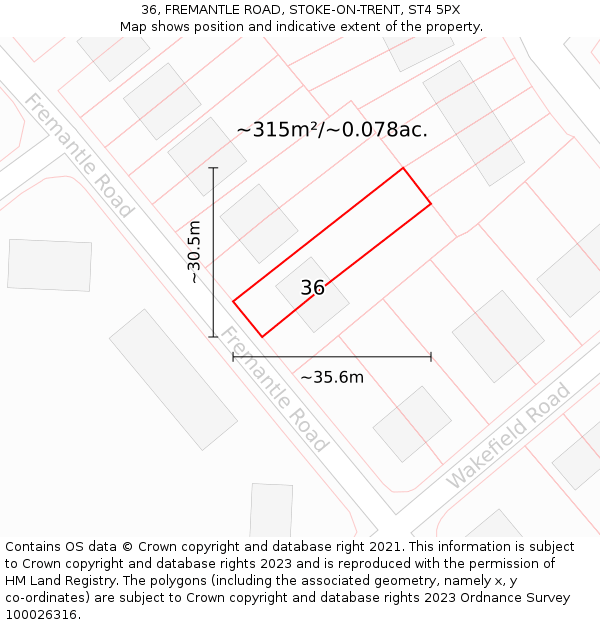 36, FREMANTLE ROAD, STOKE-ON-TRENT, ST4 5PX: Plot and title map