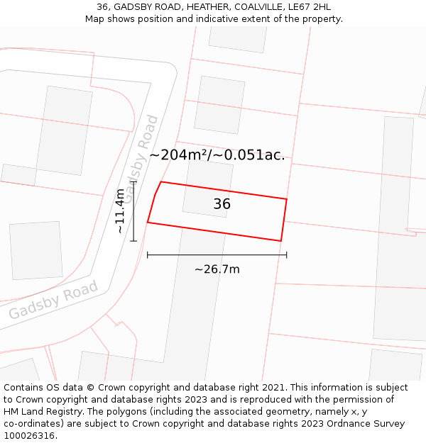 36, GADSBY ROAD, HEATHER, COALVILLE, LE67 2HL: Plot and title map