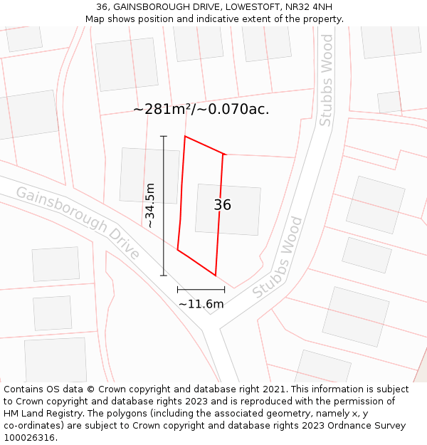 36, GAINSBOROUGH DRIVE, LOWESTOFT, NR32 4NH: Plot and title map