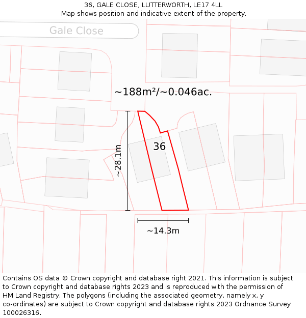 36, GALE CLOSE, LUTTERWORTH, LE17 4LL: Plot and title map