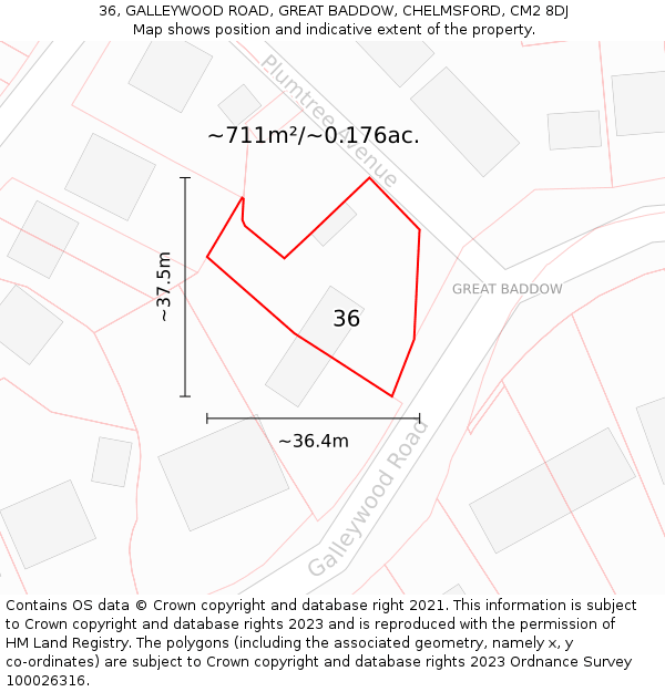 36, GALLEYWOOD ROAD, GREAT BADDOW, CHELMSFORD, CM2 8DJ: Plot and title map