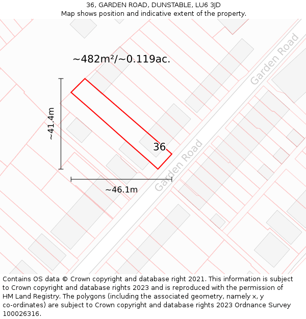 36, GARDEN ROAD, DUNSTABLE, LU6 3JD: Plot and title map