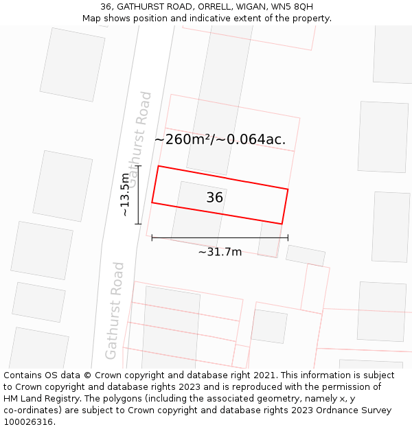 36, GATHURST ROAD, ORRELL, WIGAN, WN5 8QH: Plot and title map