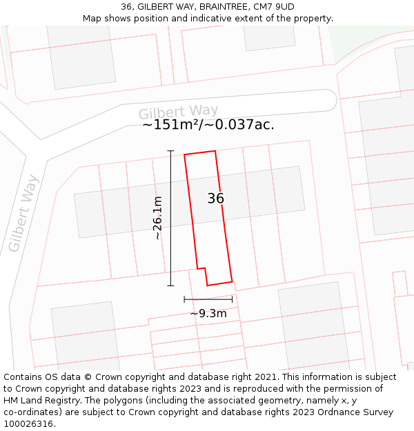 36, GILBERT WAY, BRAINTREE, CM7 9UD: Plot and title map