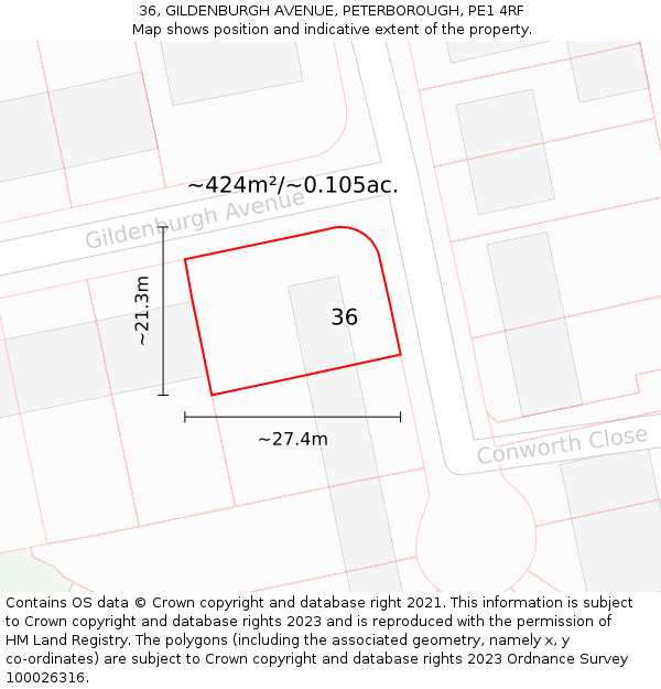 36, GILDENBURGH AVENUE, PETERBOROUGH, PE1 4RF: Plot and title map