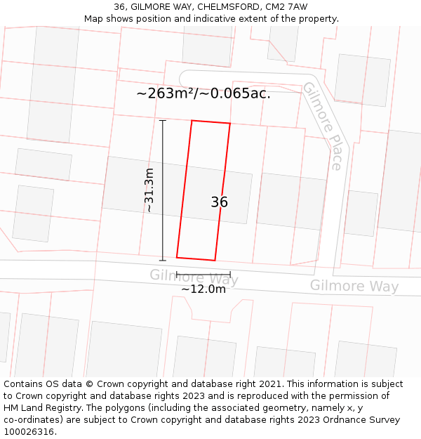 36, GILMORE WAY, CHELMSFORD, CM2 7AW: Plot and title map