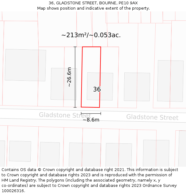 36, GLADSTONE STREET, BOURNE, PE10 9AX: Plot and title map