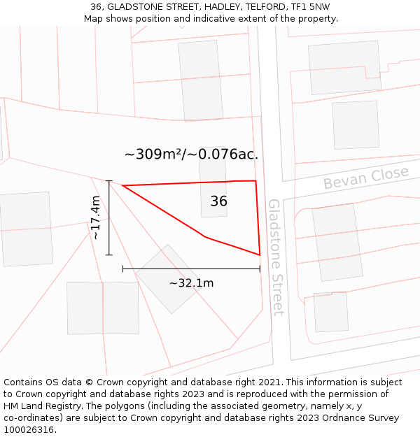 36, GLADSTONE STREET, HADLEY, TELFORD, TF1 5NW: Plot and title map