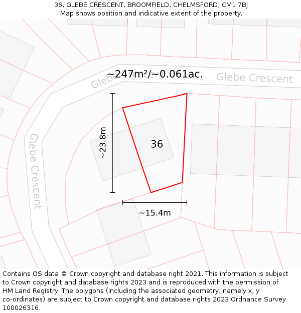 36, GLEBE CRESCENT, BROOMFIELD, CHELMSFORD, CM1 7BJ: Plot and title map
