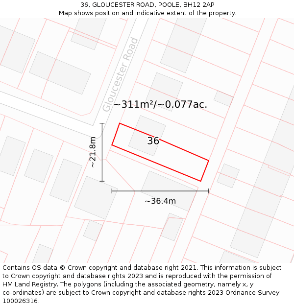 36, GLOUCESTER ROAD, POOLE, BH12 2AP: Plot and title map